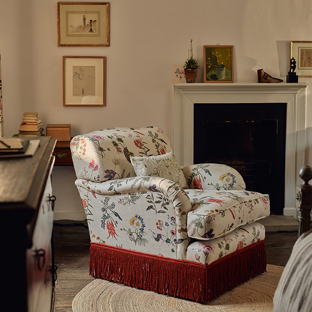 Kentwell Ladies Chair in RHS Collection on Velvet Caroline Maria Applebee Collage Wildflowers with fringe in Sophie Bullion Currant